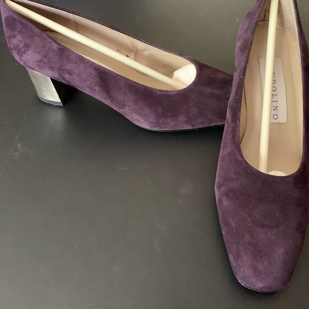 Suede heels, size 7 1/2, eggplant with silver heel